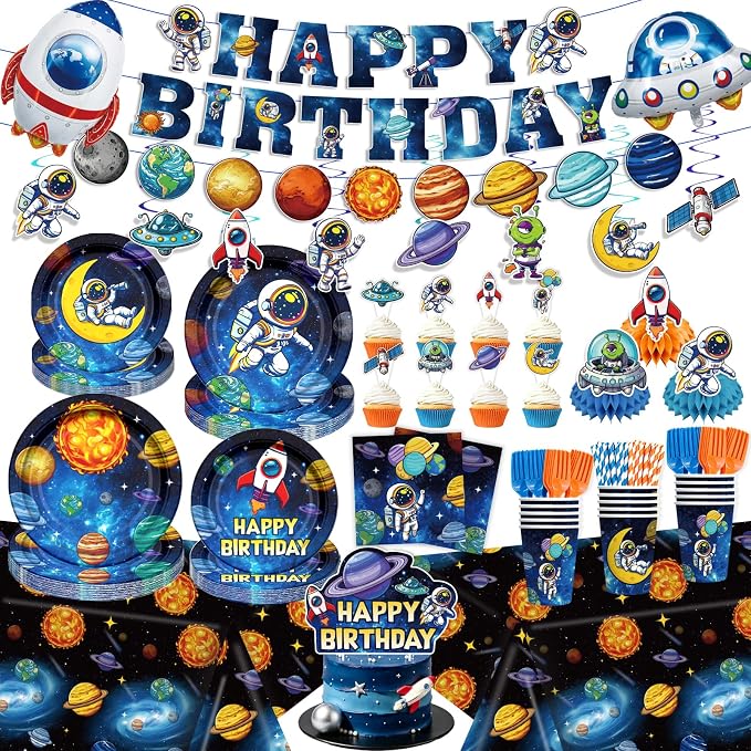 NeoRov 220 Pcs Space Themed Birthday Party Decorations Tableware Set | Service 25 Guests | Includes Banner, Cake Topper, Balloons, Plates And Napkins Paper Cup | For Space Astronaut Themed Party