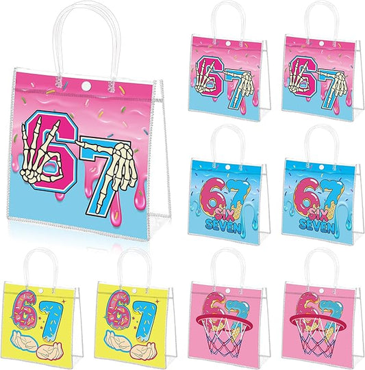 Wood Homing 24PCS 6 7 Birthday PVC Clear Gift Bag with Handle, Funny 6 7 Meme Desert Theme Reusable Plastic 67 Party Favor Bags for Kid, Colorful Donut Goodie Bag Baby Shower Party Supplies