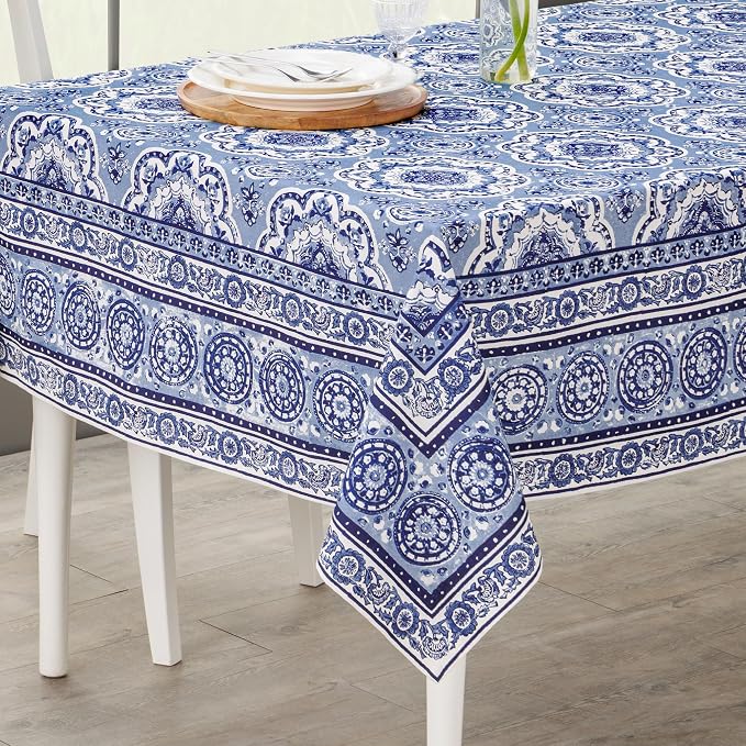 Maison d' Hermine Table Cloth Rectangle Table 100% Cotton 60 x 90 Inches Tablecloth Reusable Decorative for Dining Kitchen Room Farmhouse Party Home Hotel Restaurant Spring Summer - Melodie Bleue