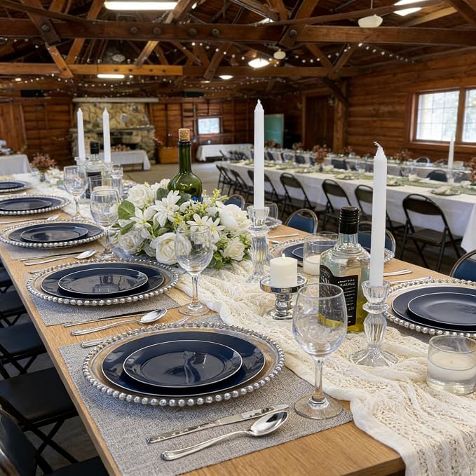 KIRE 200PCS Blue Plastic Plates with Silver Rim - Navy Blue Plastic Plates Include 100 Dinner & Dessert Plate - Heavy Duty Dark Blue Disposable Plate for Wedding/Parties/4th of July