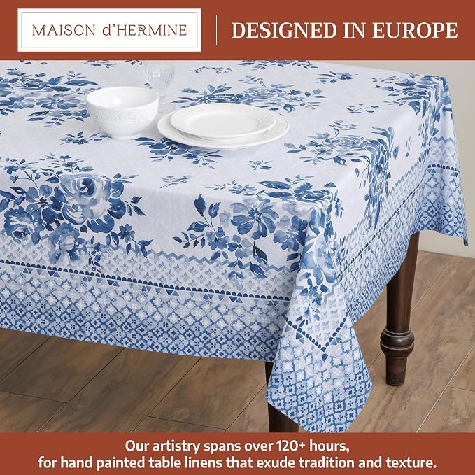 Maison d' Hermine Table Cloth Rectangle Table 100% Cotton 60 x 120 Inches Tablecloth Reusable Decorative for Dining Kitchen Room Farmhouse Party Home Hotel Restaurant Spring Summer- Rose Garden - Blue