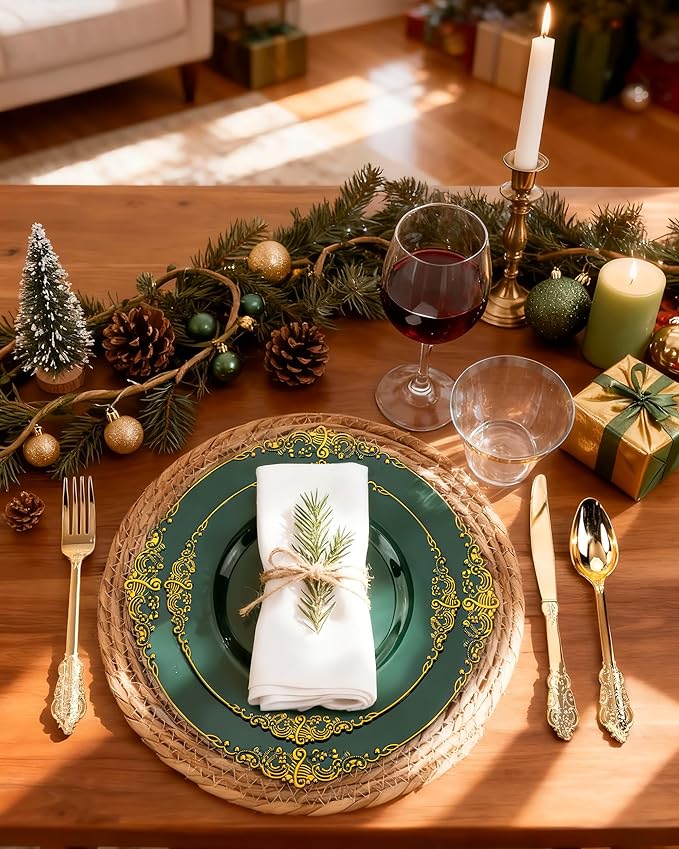 Nervure 175PCS Green Plastic Plates - Disposable Green Gold Party Plates & Pre Rolled Napkins with Cutlery for 25 Guests, 50Plates, 75Silverware, 25Cups, 25Napkin for Wedding & Party & St Patricks Day