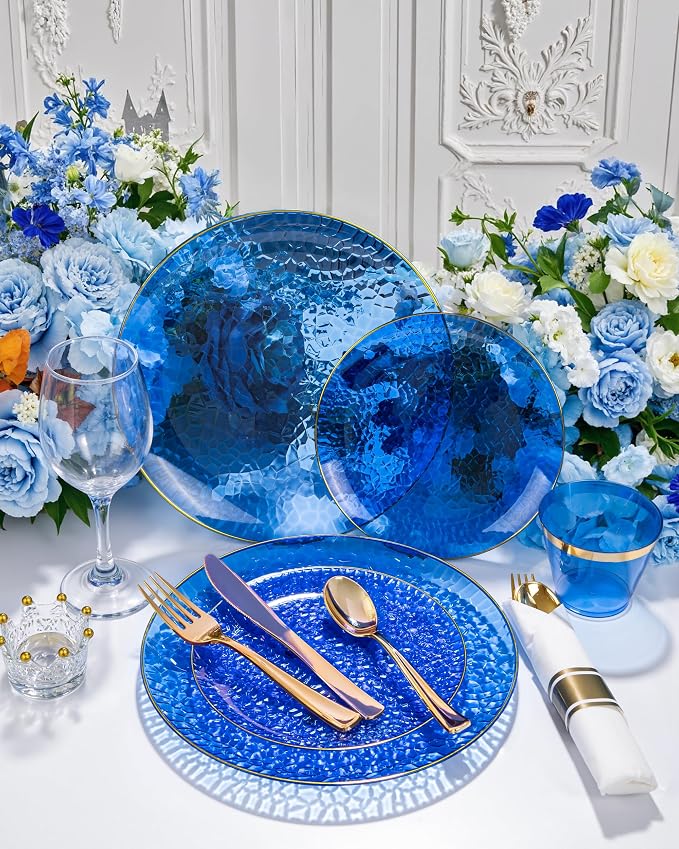 Hioasis 60pcs Blue Plastic Plates - Gold Rimmed Disposable, Hammered, Heavy-duty Dinnerware Set Suitable for 30 Guests, 10.25" Dinner & 7.5" Dessert Plates for Party & Wedding
