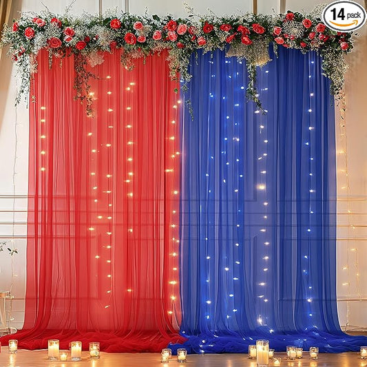 10×10ft Royal Blue Red Tulle Backdrop Curtain with Lights String for Parties, Sheer Photo Backdrop Curtains for Wedding Party Photography Background