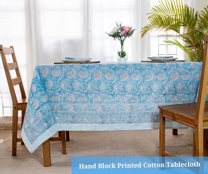 Block Print Table Cloth- 54x108 Inch Rectangle 100% Cotton Handmade Pre-Shrink, Washable Kitchen & Dining Perfect for Patio, Indoor & Outdoor, Farmhouse
