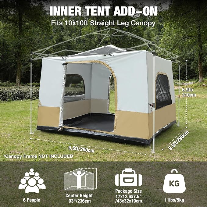 REDCAMP Canopy Camping Tent for Pop Up Canopy Tent, Inner Tent Converts Straight Leg 10'x10' or 10'x20' Canopy into Camping Tent, Fits 4-6 Person(Frame/Shelter NOT Included)