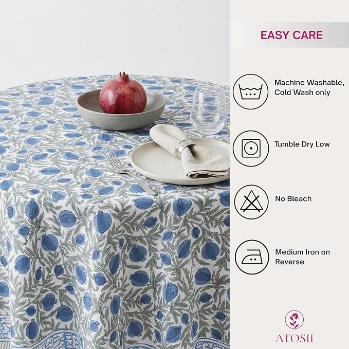 ATOSII Anar Blue 100% Cotton Round Boho Fall Tablecloth, Handblock Floral Table Cloth Linen for Kitchen Dining I Parties Weddings Outdoors Picnics Easter Mothers Day I 72" Inches Round I 4 Seater