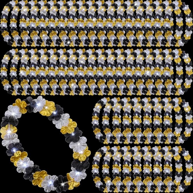 Sherr 48 Pcs Graduation LED Hawaiian Leis Class of 2026 Light Up Flower Leis Necklace with LED Lights Black Gold Silver Luau Flowers Necklaces for Graduation Party Decoration Supplies