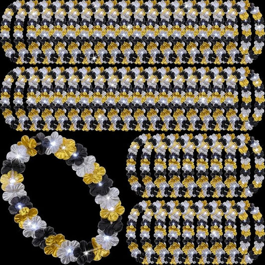 Sherr 48 Pcs Graduation LED Hawaiian Leis Class of 2026 Light Up Flower Leis Necklace with LED Lights Black Gold Silver Luau Flowers Necklaces for Graduation Party Decoration Supplies