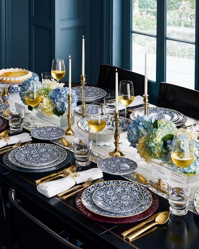 Hioasis 60pcs Plastic Disposable Plates Set - Blue & White Floral Pattern with Gold Rim, 10.25 Dinner & 7.5 Dessert Plates for Wedding,Anniversary,Party and Holiday
