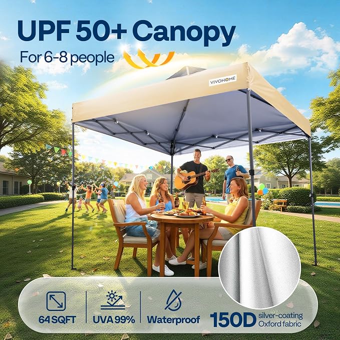 VIVOHOME 8x8ft Pop Up Canopy Tent One Push Setup Outdoor Portable Shelter Tent Heavy Duty with Wheel Carry Bag and 4 Sandbags, Beige
