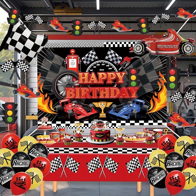 Happy Birthday Decorations For Women Men,Birthday Backdrop,Banner Balloons,Table Cloth,Paper pom poms Party Supplies for Girls Boys (Race car)