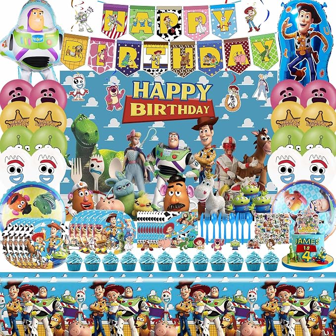 Cartoon Birthday Decorations, Cartoon Party Supplies - Happy Birthday Banner Balloons Plates Backdrop Cake Toppers Tablecloth Hanging Swirls Stickers