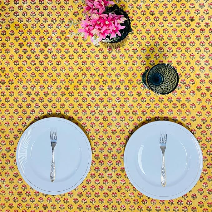 Ridhi Mustard Yellow Hand Block Print Cotton Rectangle Tablecloth 140" x 72" inches Reusable Table Cover Decorative Everyday Use for Dining Room, Farmhouse, Home Gift for Spring, Mother's Day
