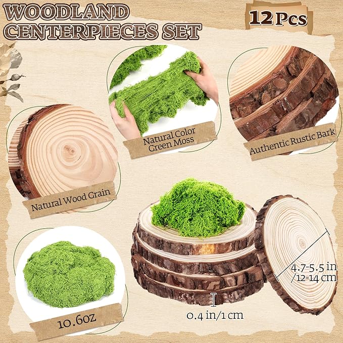 Nuanchu 14 Pack Wood Table Centerpieces with Rustic Wood Slices and Artificial Fake Green Moss for Wooden Fairy Wedding Woodland Table Decor Ideal DIY Crafts (4. 7-5. 5'')