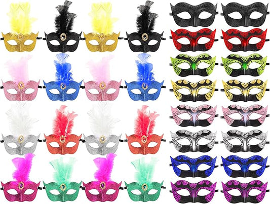 Sratte Mardi Gras Couple Masquerade Mask with Feather Flower Unisex Half Face Venetian Mask for Carnival Parade Valentine