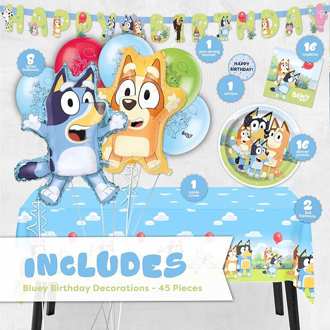 Bluey Birthday Decorations and Party Supplies | Serves 16 Guests | Bluey Party Decorations | Banner, Tablecloth, Foil and Latex Balloons, Plates and Napkins, Sticker | Officially Licensed