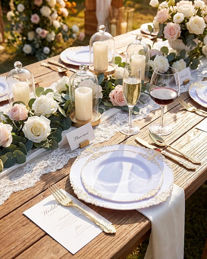 Nervure 350PCS Gold Plastic Dinnerware - White and Gold Disposable Plates for 50 Guests - 100 White Disposable Plates, 150 Plastic Silverware, 50 Cups, 50 Napkins for Wedding & Party & Mother's Day