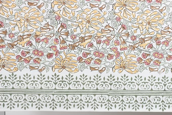 Ridhi Canary Yellow Mint Green Block Print Cotton Rectangle Tablecloth 118" x 70" inches Reusable Table Cover Decorative Everyday Use for Dining Room, Farmhouse, Home Gift for Spring, Mother's Day