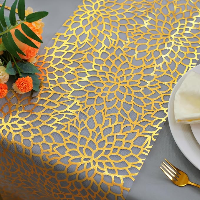 Snowkingdom 2 PCS Gold Table Runner 108 Inches Long, Gold Bloom Sequin Glitter Flower Floral Table Decor for Holiday Dining Kitchen Party Home Decorations