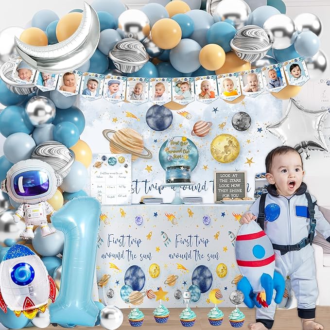 First Trip Around The Sun Birthday Party Decorations for boy 1st Birthday Supplies First Trip Around The Sun Backdrop Balloons Garland Monthly Photo Banner Space Theme Party Decor