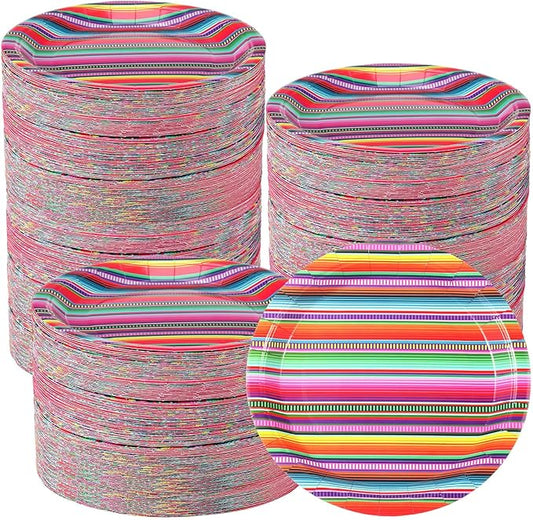 Sabary 200 Pieces Fiesta Paper Plates for Cinco De Mayo Party 9 Inch, Mexican Party Dessert Plates Taco Dinner Plates Party Supplies for Fiesta Tuesday Birthday Party Decorations (Colorful Stripes)