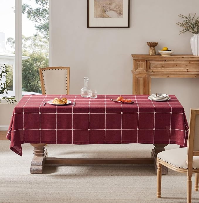 ZeeMart Grid Embroidered Hemmed Tablecloths, Burgundy 52x70 Inch, Farmhouse Style Heavy Weight Cotton Linen Red Tablecloths, Boho Plaid Water Resistant Rectangle Table Cloth