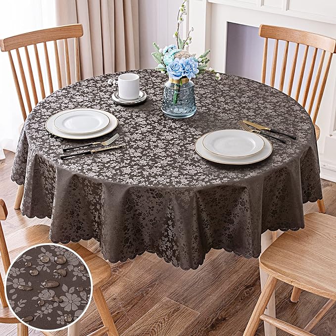 Smiry Round Table Cloth, Waterproof Heavy Duty Vinyl Tablecloths, Wipeable Washable Table Cover for Kitchen and Dining Room (Coffee, 70" x 70")