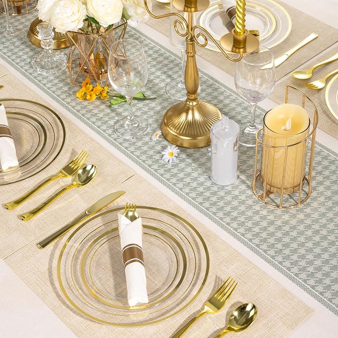 realluck 350PCS Clear Gold Plastic Dinnerware Set for 50 Guests, Disposable Party Plate for Wedding Party, Include: 100 Plastic Plates, 50 Pre Rolled Napkins with Silverware, 50 Cups