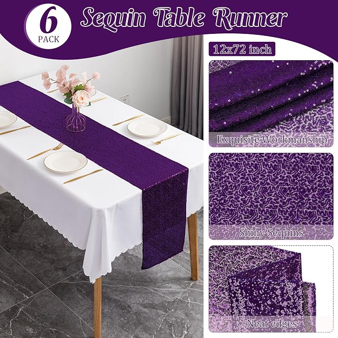 6 Pack Purple Sequin Table Runner 12" x 72" Sparkle Table Runner for Baby Bridal Shower Wedding Birthday Party Table Decor (Purple)