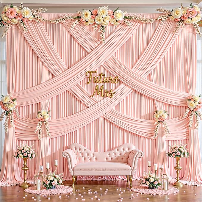 16x10FT Pale Pink Backdrop Curtains for Wedding Parties, Wrinkle Free Polyester Photography Backdrop Drapes for Wedding Baby Shower Birthday Parties Stage Background Stand Decorations 4x10ft,4 Panels