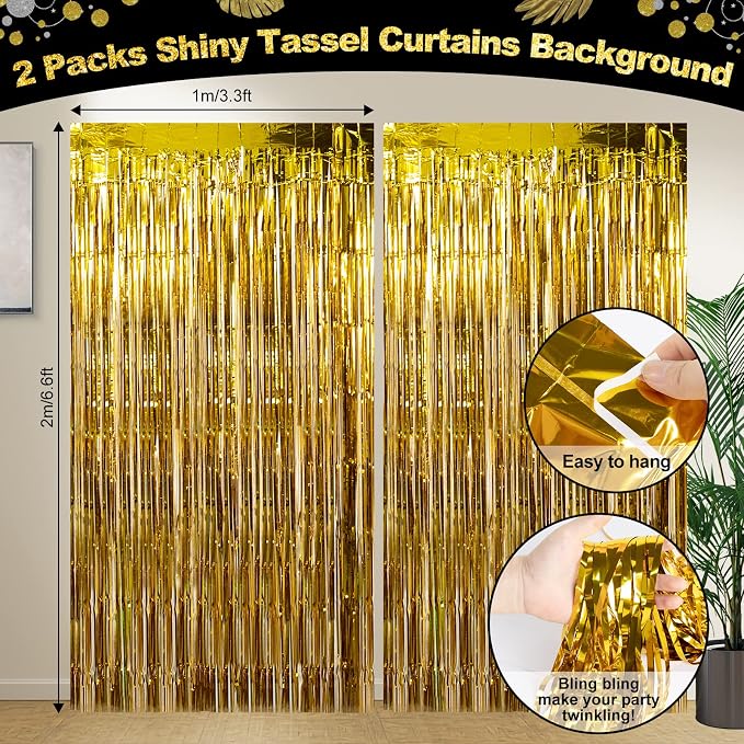 HJINGY Black and Gold Birthday Party Decorations, Happy Birthday Party Supplies for Men Women Includes Balloons, Curtains, Banner, Hanging Swirls, Tablecloth, Plates, Cake Toppers for Party