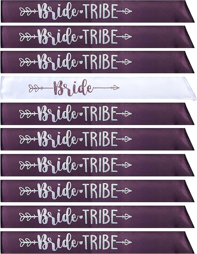 Bride Tribe 7pc or 10pc Satin Sash Set - Sophisticated & Fun Party Favors for Bachelorette Party, Bridal Shower & Wedding Party (Plum & Silver, 10pc Set)