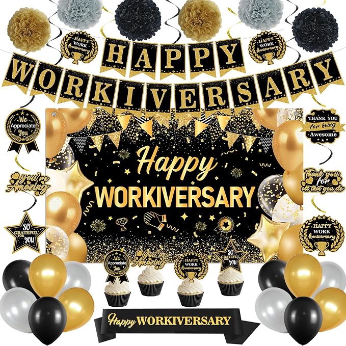 DARUNAXY Happy Workiversary Party Decorations for Men Women, Black Gold Happy Work Anniversary Banner Cake Topper Hanging Swirl Confetti Balloons Decor Set for Employee Office Party Supplies(31PC)
