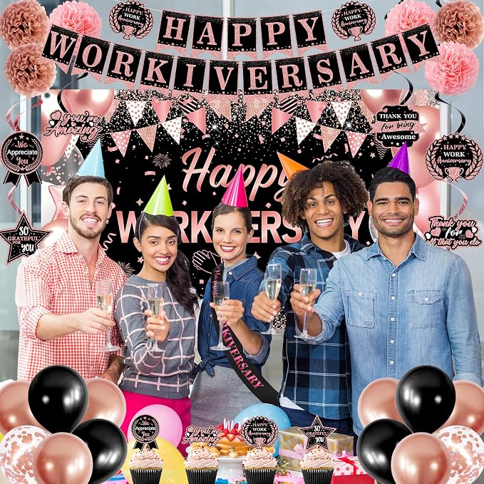 DARUNAXY Happy Workiversary Party Decorations for Women, Rose Gold Happy Work Anniversary Banner Cake Topper Hanging Swirl Confetti Balloons Decor Set for Pink Employee Office Party Supplies for Girls