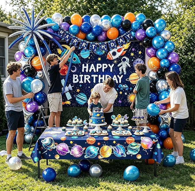 Space Birthday Party Decorations for Boys - 150x100cm Planet Backdrop, Astronaut Rocket Balloons, Galaxy Tablecloth, Hanging Swirls & Cake Toppers, Outer Space Themed Party Supplies Set