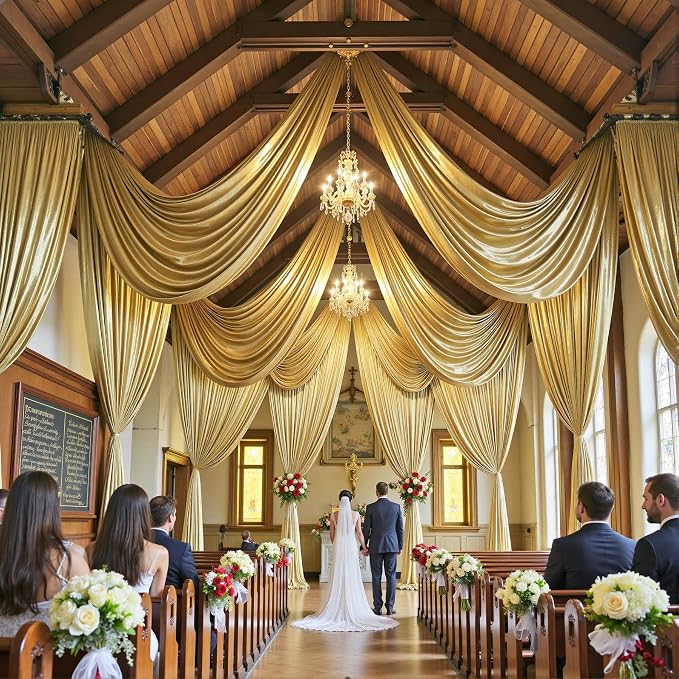 40ftx40ft Gold Ceiling Curtain for Wedding Parties – 8 Panels Wrinkle-Free 40 FT Long Tent Draping Curtains for Wedding, Birthday & Theme Parties, 40ft Height with Rod Pocket