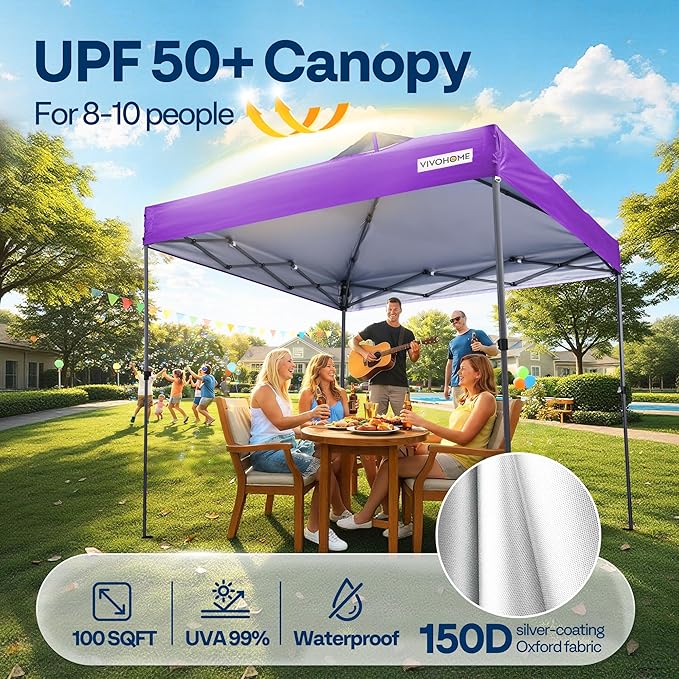 VIVOHOME 10x10ft Pop Up Canopy Tent One Push Setup Outdoor Portable Shelter Tent Heavy Duty with Wheel Carry Bag and 4 Sandbags, Purple