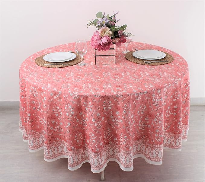 Ridhi Round Tablecloth Hand Block Print 100% Cotton Reusable Sweet Pink 60 Inch Table Cover Decorative Everyday Use for Dining, Home, Party, Wedding, Farmhouse, Party Gift for Spring, Mother's Day