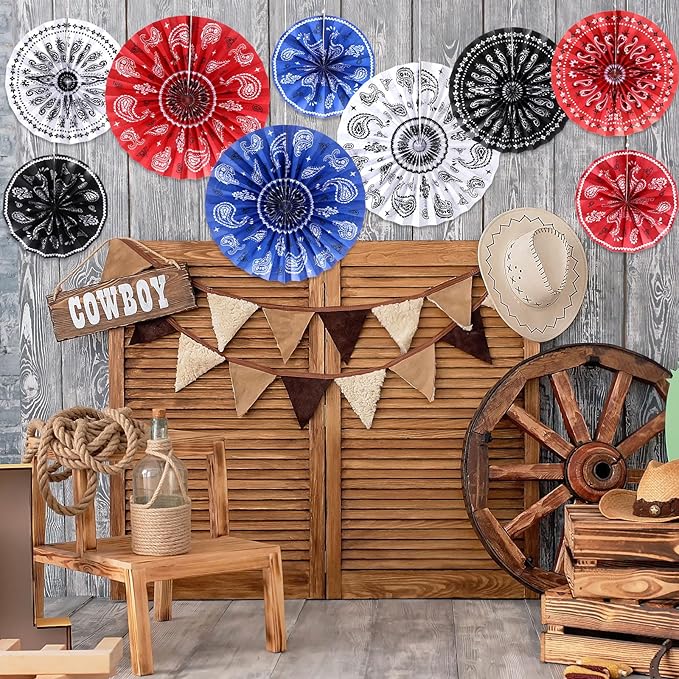 Outus 9 Pcs Western Party Decorations Paper Fans Wild West Bandana Hanging Paper Fans Ceiling Wall Garland for Western Cowboy Themed Party Decorations (Red/Blue/White/Black)