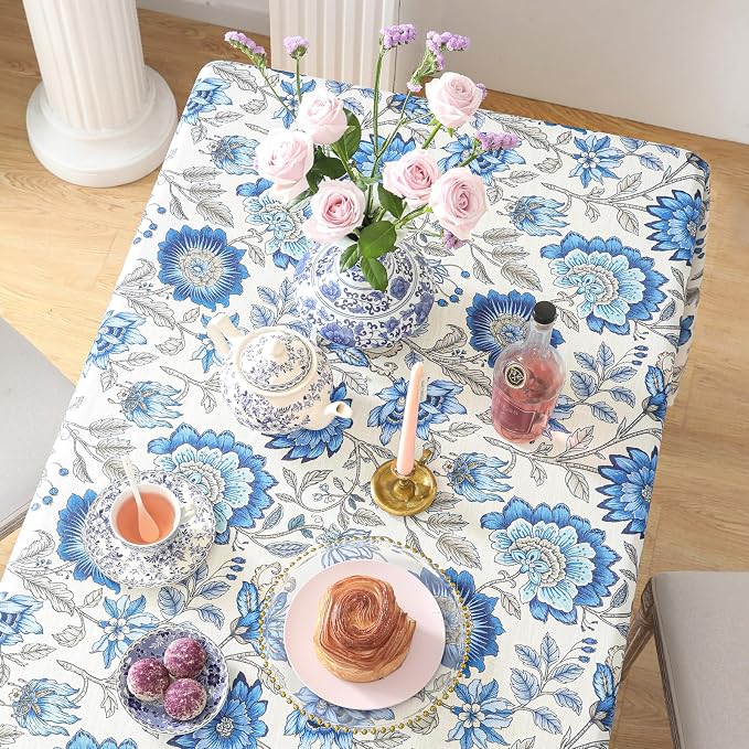 ISAENNE Designer French Linen Square Large Tablecloth,67"x67"-Blanch | Chinoiserie Vintage Elegant Table Cloth,Blue Floral Pattern,Beautiful,Dining Room,Kitchen,Tea Party,Thanksgiving,Decor