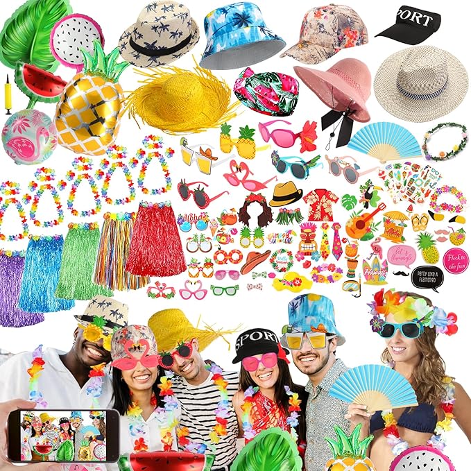 Bulk Summer Hawaiian Photo Booth Props, Luau Photo Props, Funny Hawaiian Sunglasses, Tropical Fancy Dress Props, Photo Booth Props Sets for Hawaii/Tropical/Tiki/Summer/Beach Theme Party Supplies