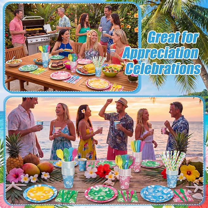 450 Pcs Hawaiian Luau Tableware Set Decorations Aloha Tropical Hibiscus Palm Leaves Paper Plates Napkins Cups Cutlery Straws for Hawaiian Party Summer Birthday Party Supplies, Serves 50