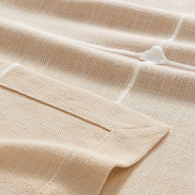 ZeeMart Grid Embroidered Hemmed Tablecloths, Cream 60x120 Inch, Farmhouse Style Heavy Weight Cotton Linen Cream Tablecloths, Boho Plaid Water Resistant Rectangle Table Cloth