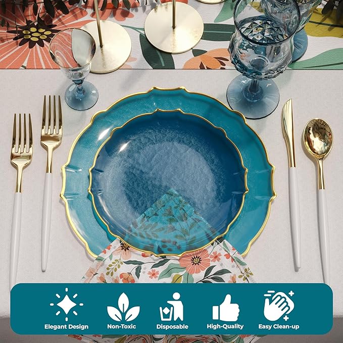 Exquisite Plastic Plates for Party 40 Piece Fancy Plastic Dinner Plates For 20 Guests 20 X 7.5 Dessert Plate & 20 X 10 Thin Delicate Disposable Dinnerware Charger Plate Peacock Gold Rim