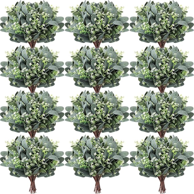 Janinka Mixed Eucalyptus Leaves Stems Bulk with White Seeds Artificial Silver Dollar Leaves Sprays Faux Oval for Wreath Garland Floral Bouquets Arrangement Wedding Greenery Decoration(70)