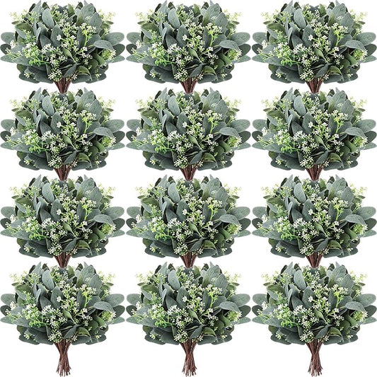 Janinka Mixed Eucalyptus Leaves Stems Bulk with White Seeds Artificial Silver Dollar Leaves Sprays Faux Oval for Wreath Garland Floral Bouquets Arrangement Wedding Greenery Decoration(70)