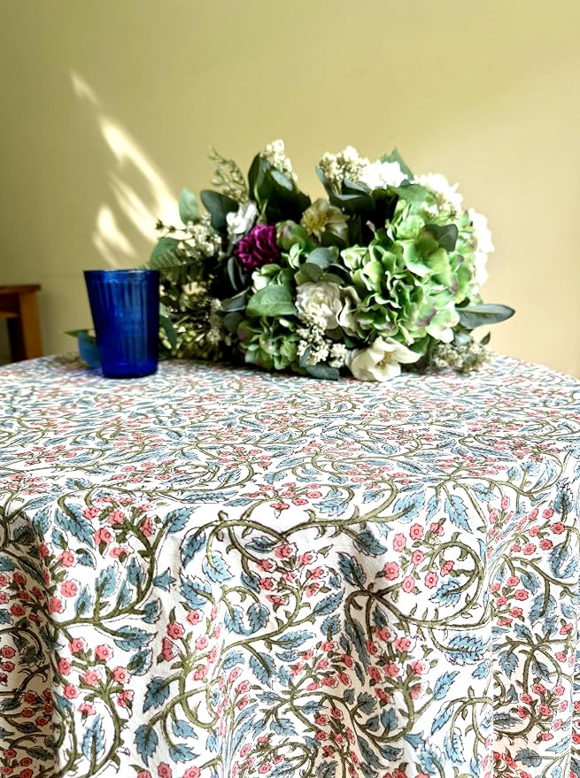 ATOSII Kalina 100% Cotton Round Tablecloth, Handblock Print Floral Table Cloth for Kitchen Dining Linen I Parties, Weddings, Outdoors, Christmas I Fall Home Decor 90" Inches Round
