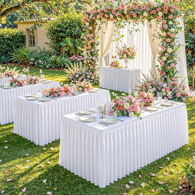 White Polyester Table Cloths for Rectangle 4 Foot Tables, 1 Pack Wrinkle Free Tablecloths Stretchy Banquet Ruffle Fitted Table Cover Desk Skirt for Parties Wedding Birthday Baby Shower