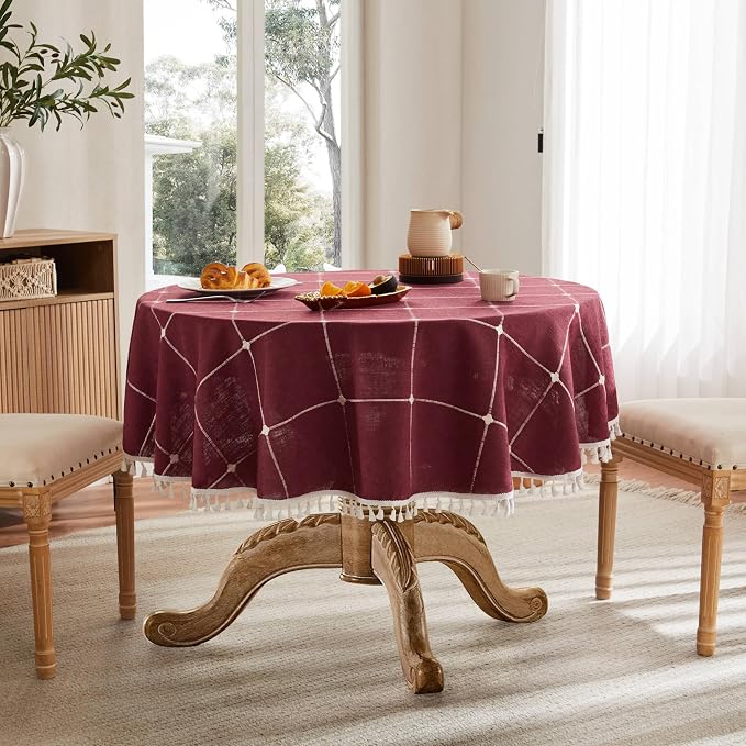 ZeeMart Boho Grid Table Cloth with Tassels (Burgundy, 60" Round), Heavy Weight Linen Checked Embroidered Farmhouse Tablecloth, Water Resistant Round Red Tablecloths